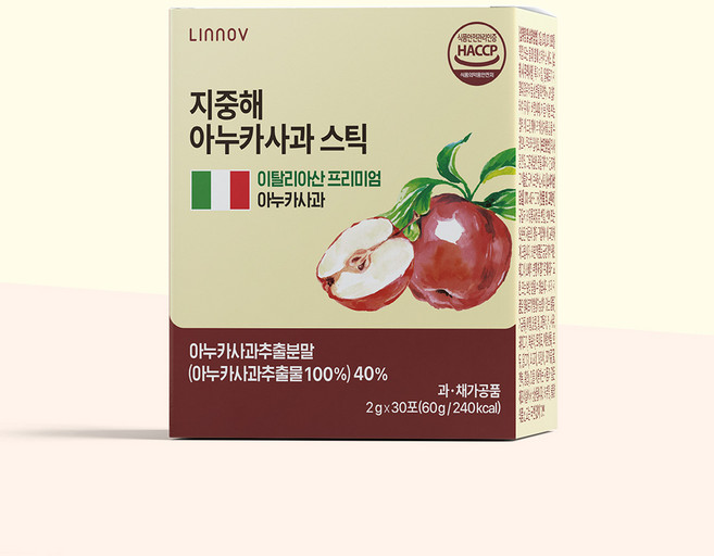 리노브 지중해 아누카사과 스틱 30포 1개월 프로시아니딘B2 비오틴 맥주효모 검정콩 이탈리아산 아누카, 1박스, 30회분