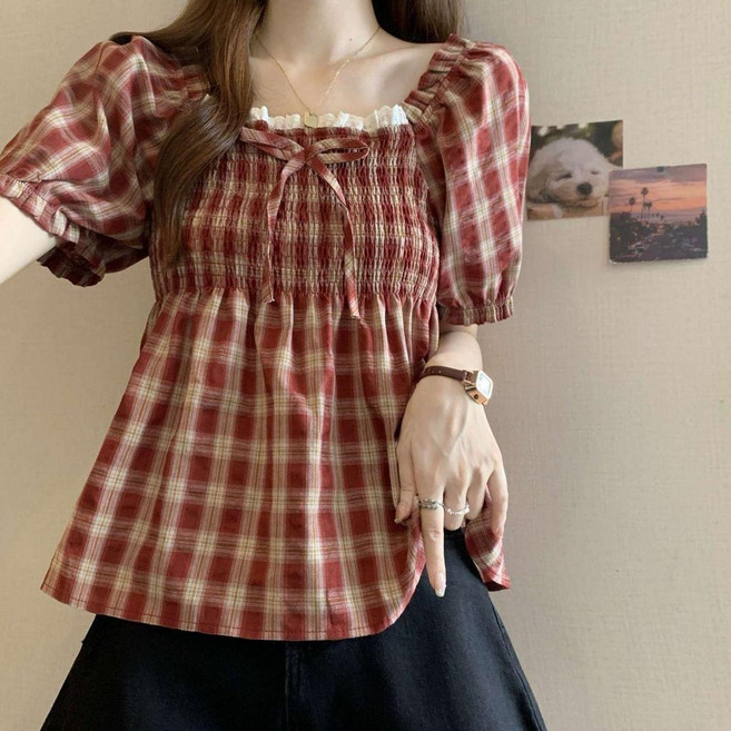 大碼女裝復古格子泡泡袖方領襯衫女夏季胖mm遮肚子荷葉邊百搭上衣