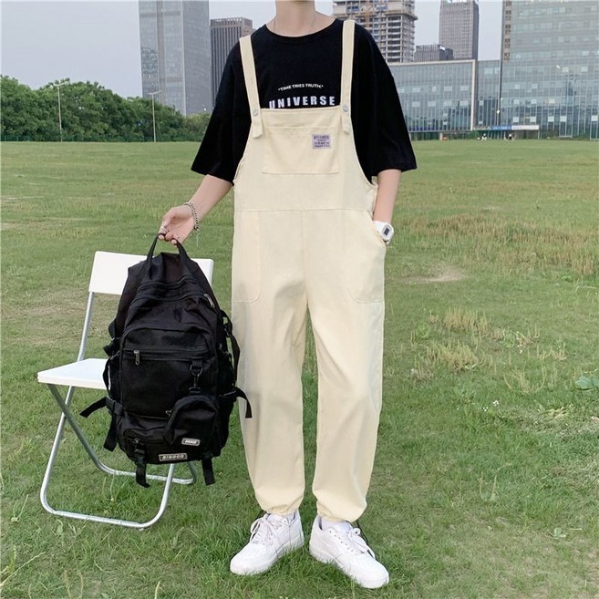 남성 멜빵 팬츠 캐주얼 바지 여름 얇은 통 와이드 9부 바지 봄 가을 멜빵 팬츠 ZZL