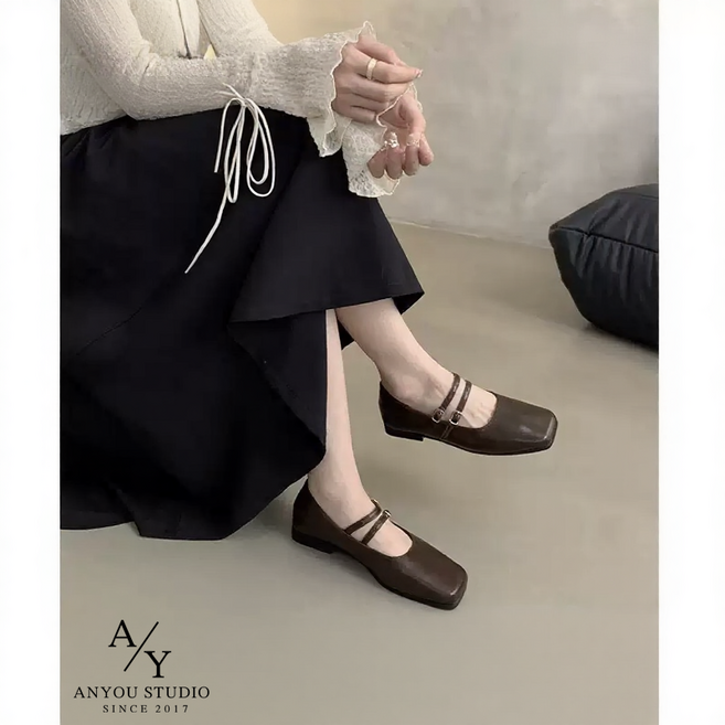 ANYOU 여성 메리제인 구두 프렌치 스타일 사각토 편안한 캐주얼 단화 로우컷 데일리 슈즈