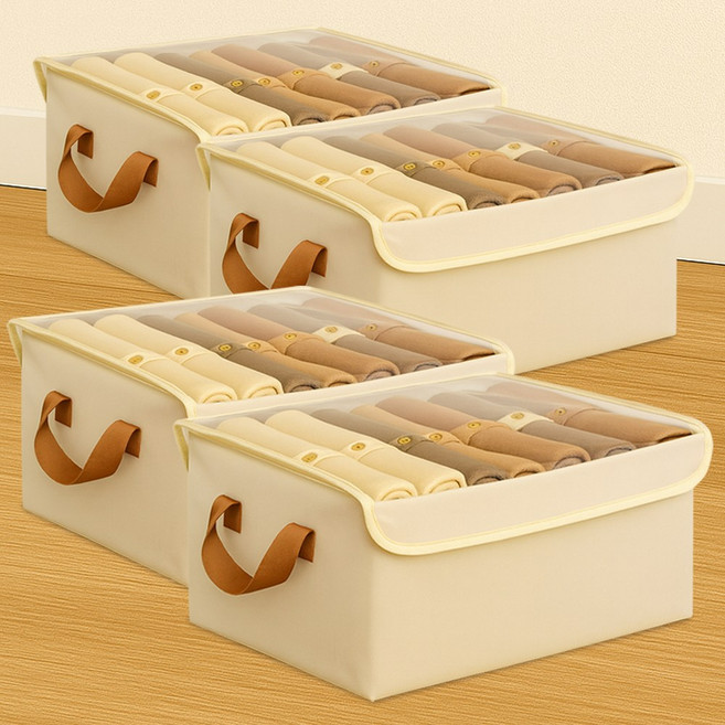 마벨인홈 옷 정리함 이불 수납 투명창 먼지걱정 없는 대용량 패브릭 의류 보관함, 4개, 베이지