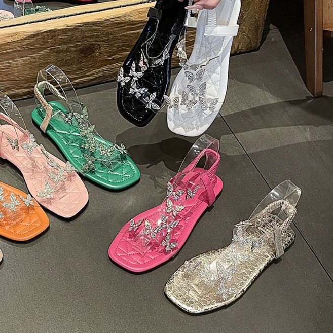 패션 여성 여름 샌들 투명 스트랩 나비 장식 스퀘어토 샌들 YLP