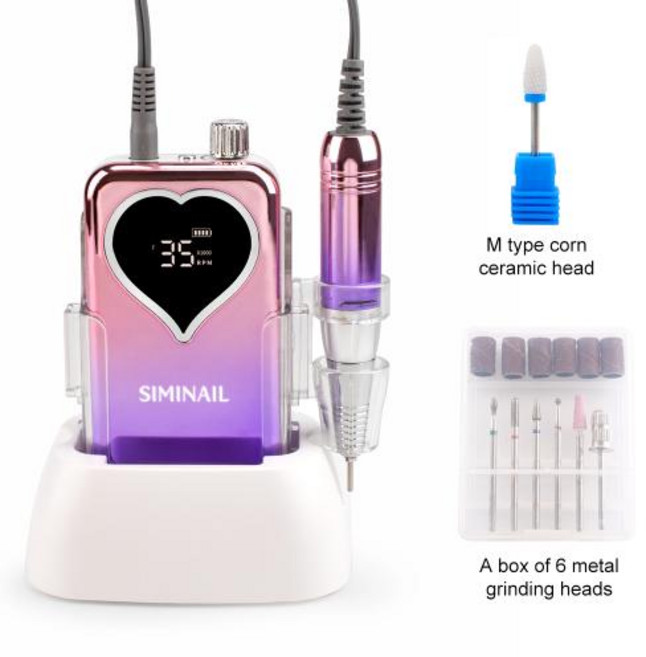 네일 광택기 휴대용 Siminail 전문 드릴 머신 전기 Efile 무선 젤 폴리셔 베이스 포함 35000RPM, 1개, Heart+AU
