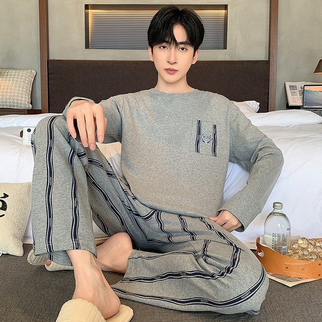 睡衣男士春秋款純棉長袖青少年休閒可外穿秋季家居服大碼套裝
