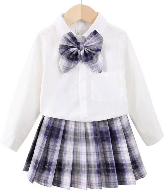 루비키즈 여아 유아 봄 가을 스쿨룩 셔츠 보라 체크치마 리본넥타이 3종 세트복 E120