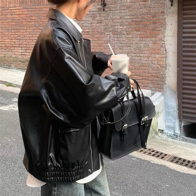 AOKADA 여성 봄 가을 루즈핏 카라넥 가죽 자켓 레더 숏 코트