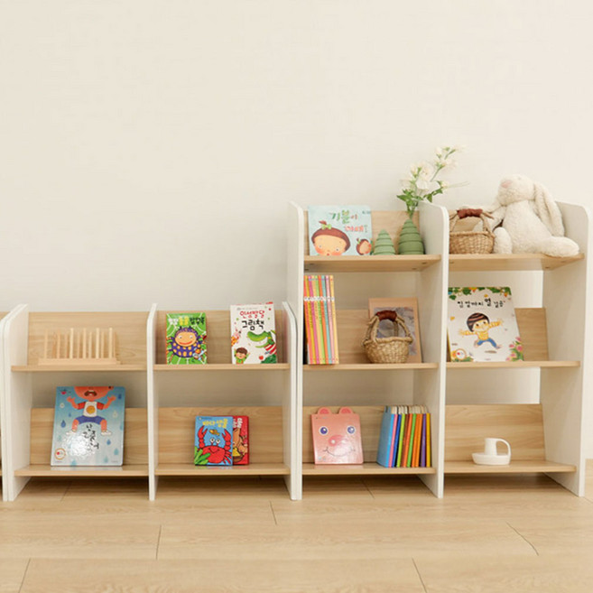심플룸 아동용 틸팅 전면 dIY 더블 낮은 책장, 오크 + 화이트, 2단