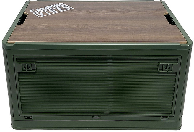 캠핑바이브스 캠핑용 폴딩박스 접이식 정리함 플라스틱상판 우드상판 84L, 다크브라운 우드상판, 블랙스티커, 카키, 1개