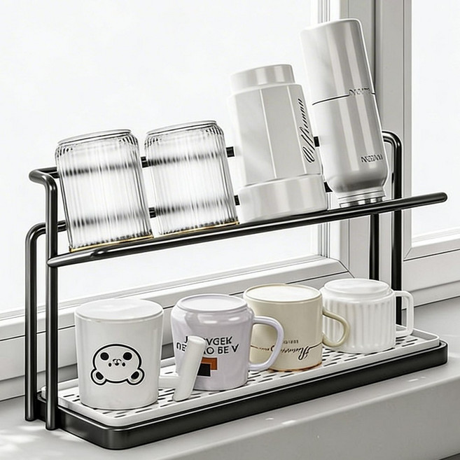 여섯시상점 미니 물빠짐 40cm 컵건조대, 1개, 블랙, 2단