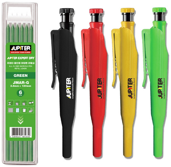주피터 마킹펜 마커 목공펜 샤프 마킹펜 + 리필 심 세트 빨간색 초록색 노란색 검은색 DIY 산업용 공사용 목공용 피카 페스툴 엑스퍼트 호환 색상랜덤, 주피터마킹펜+주피터 리필심 JMAR-G (그린) 1팩, 1개