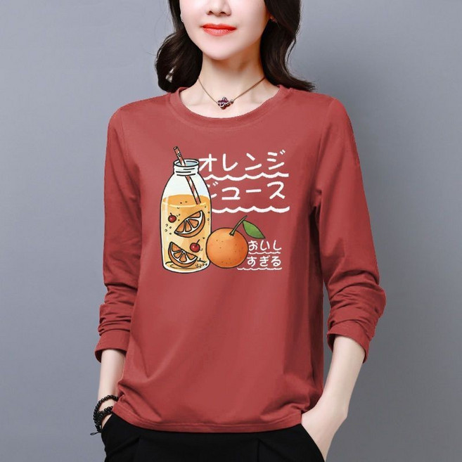 長袖T恤女，純棉寬鬆印花上衣