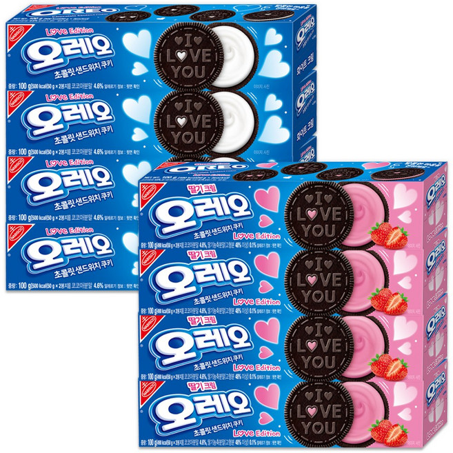 오레오 러브 에디션 2종 화이트크림100gx4개 + 딸기크림100gx4개, 100g
