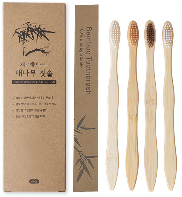옵티머스 제로웨이스트 성인용 대나무 칫솔 개별포장, 1개, 4개입