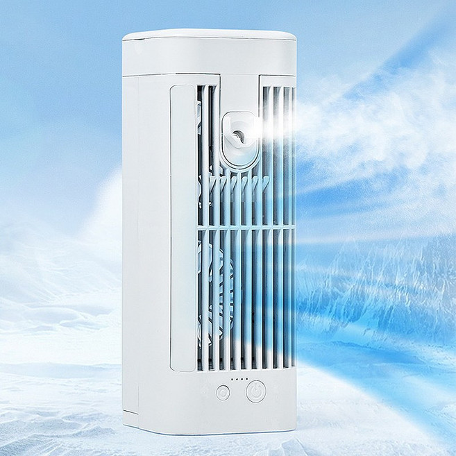 유앤미 가정용 미니 냉풍기 3단조절 휴대용 에어컨 듀얼팬 무드등 USB 냉풍 선풍기, 화이트