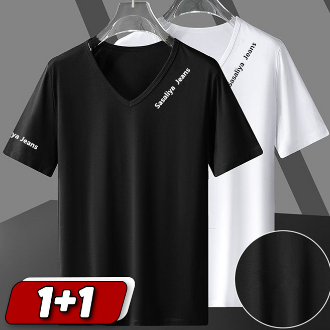 1+1 남성 브이넥 슬림 반팔 티셔츠 스판 남자 심플 스포츠 헬스 기본티 편안한 통근 티셔츠