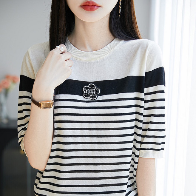 미스터먼쇼 여성 데일리 스트라이프 플라워 포인트 반팔티