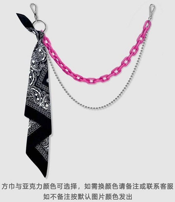嘻哈褲鏈子配飾 高街金屬腰鏈, 1個, 玫紅色雙層鏈+黑方巾, 玫紅色, 雙層鏈+黑方巾