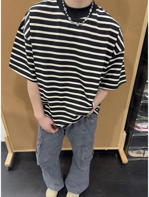 【痞帥顯瘦】條紋T恤 男款短袖 夏季T恤 韓版T恤 寬鬆T恤 正肩設計 高級感純棉 慵懶風穿搭