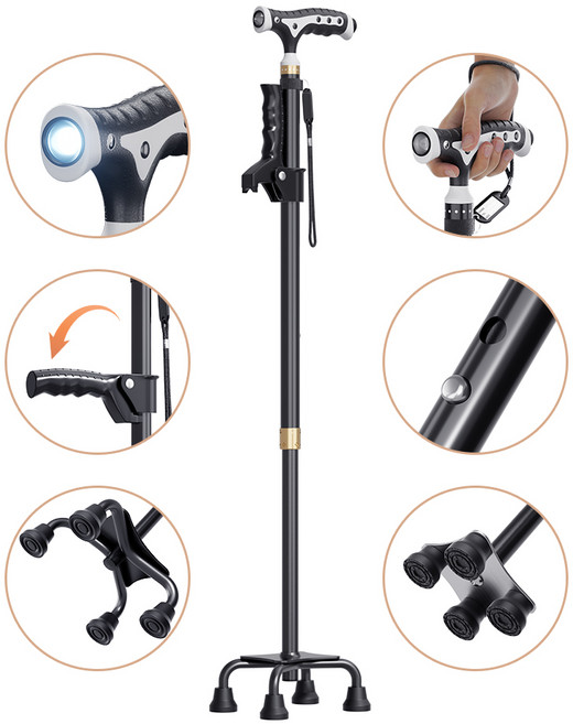 경량형 LED 조명 노인용 안정형 지팡이, 1개, 검정색