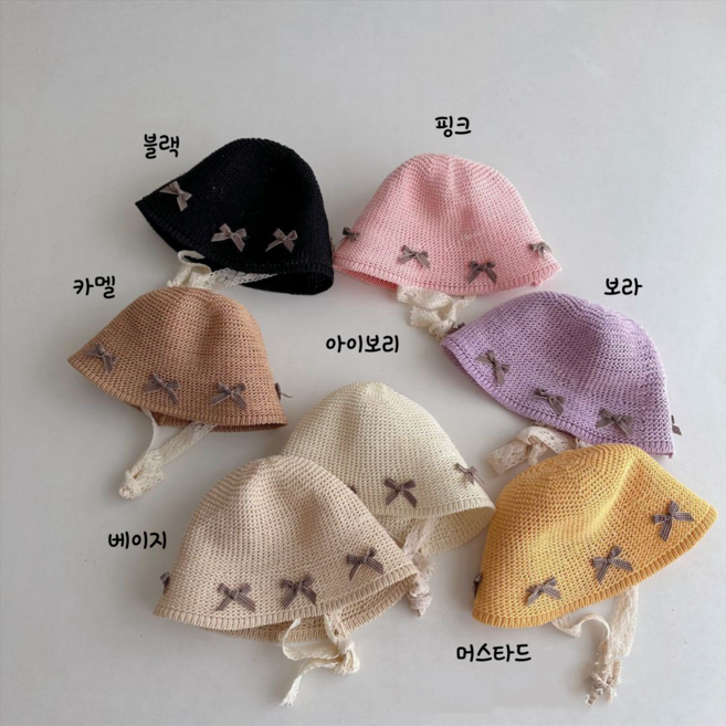 우리카롱이네 아동용 여아리본밀짚모자 벙거지 비치햇