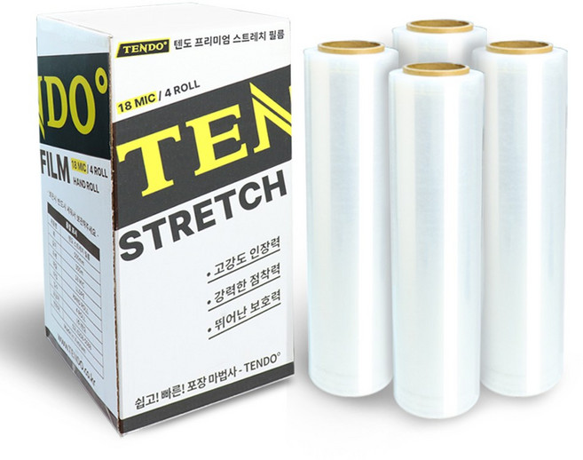 [TENDO]텐도 프리미엄 스트레치 필름 20mic 500mm*300m 공업용랩 1박스 4롤, 투명_20mic 500mm*300m 1박스 4롤, 투명, 1개