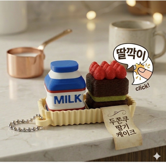 두쫀쿠 + 커피/우유 딸깍이 세트 키캡 키링 클리커, 1세트, 두쫀쿠딸기케이크+우유