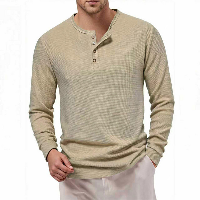 【華夫格潮男】亨利領T恤 男士T恤 長袖T恤 打底衫 男裝 潮牌 純棉親膚 歐美復古風 休閒百搭 春秋季必備