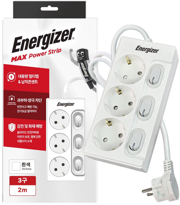 에너자이저 개별스위치 멀티탭 고용량 3구 납작플러그 과부하차단 16A, 1개, 화이트(개별스위치 3구), 2m