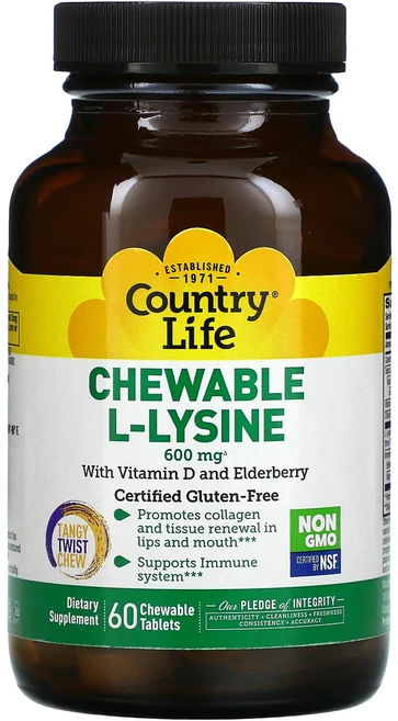 컨트리라이프 L라이신 엘라이신 600mg 츄어블 60정 비타민 D3 엘더베리 함유, 60개, 1병 - 쿠팡