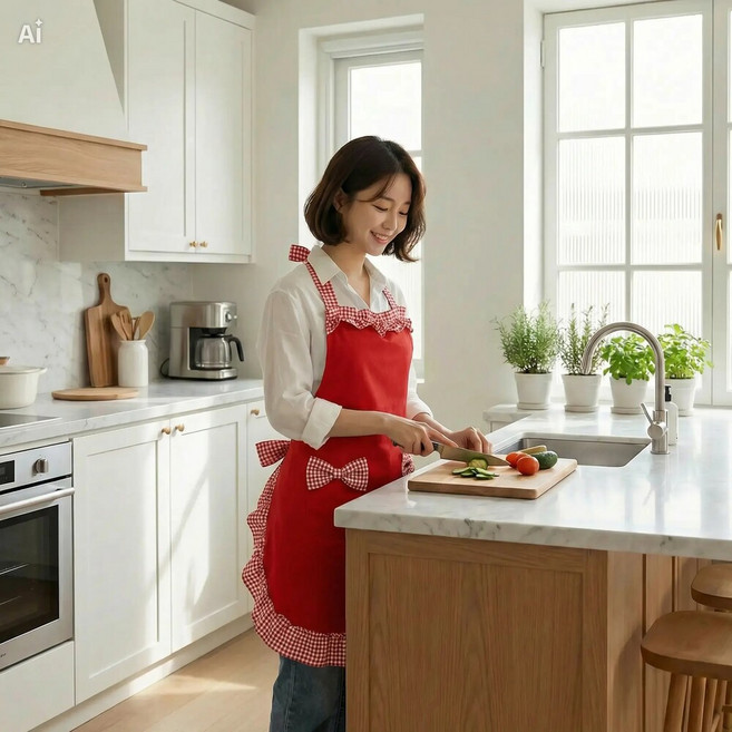 더담다 예쁜 주방 프릴앞치마, 1개, 레드