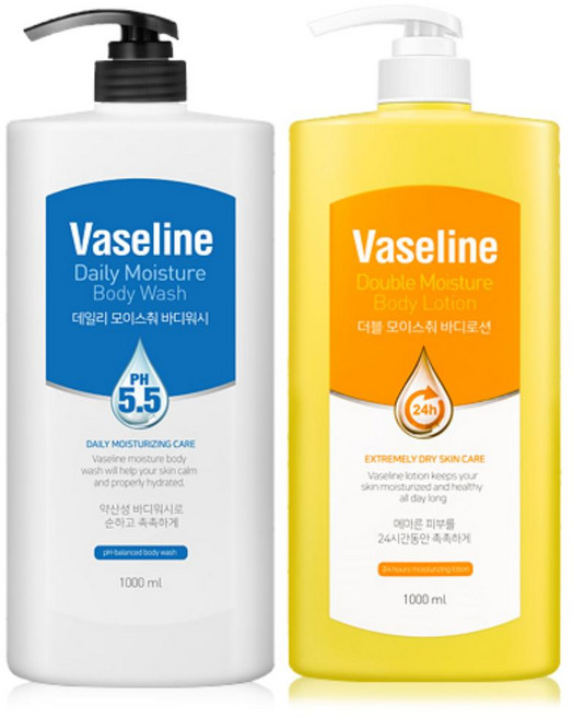 바세린 24h 더블 모이스춰 바디로션 1000ml 1개+ 바세린 약산성 바디워시 1000ml 1개, {AA1} 더블 모이스춰 1개+바디워시 1개, 2L, 1개