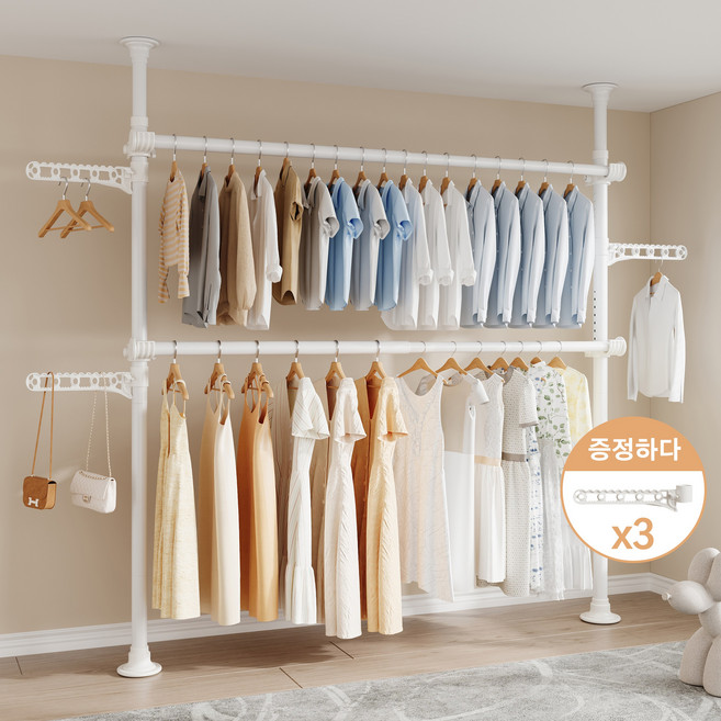 KURUA 38파이 와이드 2단 고정식 옷걸이행거 고강도 스틸 튼튼한 의류수납대, 화이트