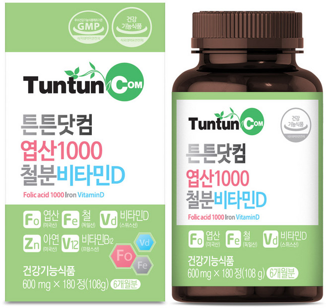 튼튼닷컴 엽산1000철분비타민D [6개월분] - 엽산 1000 ug 함유 / 엽산제 / 철분제, 180정, 1개