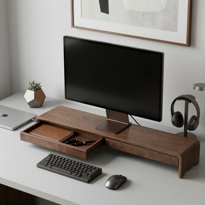 [FAS 월넛 원목 프리미엄] 월넛 원목 가구 모니터 선반 90cm 원목 듀얼 모니터 받침대 데스크테리어, 1개