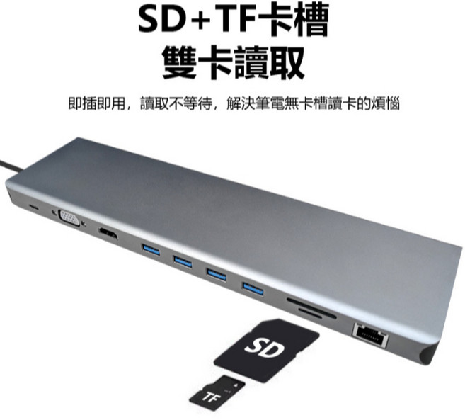 全新 HUB-12 10IN1 Type-C接頭10合1集線器 USB3.0 HDMI VGA TF, 1個