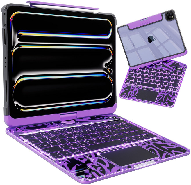 AITEWO 아이패드 키보드 케이스 일체형 360도 회전 다각도 조절 투명 케이스 트랙패드 펜슬수납 에어4/5/6/7/8세대10.9/11인치 프로1/2/3/4세대 12.9/13인치, 투명 퍼플, 1개