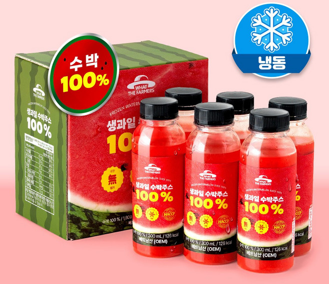 (아이스박스 포장 발송) 왓더파머스 얼린 생과일 살얼음 수박주스 100%, 6개, 300ml