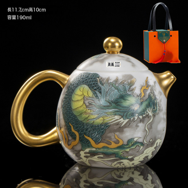 茶具禮品周鴻傑大師手工鎏真金純家用金茶壺手繪龍蛋單壺復古茶具, 1個, 1L, 手繪青龍蛋壺-描金【送禮官方禮盒裝】:詳情