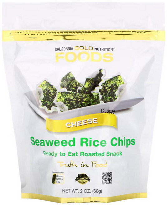 캘리포니아 골드 뉴트리션 해초 라이스 칩 치즈 시즈닝 60g(2oz) 칼슘 식이섬유 찹쌀 나트륨 Sodium Cheese Snack 스낵 김 과자 체다치즈 옥수수오일, 60g, 1개