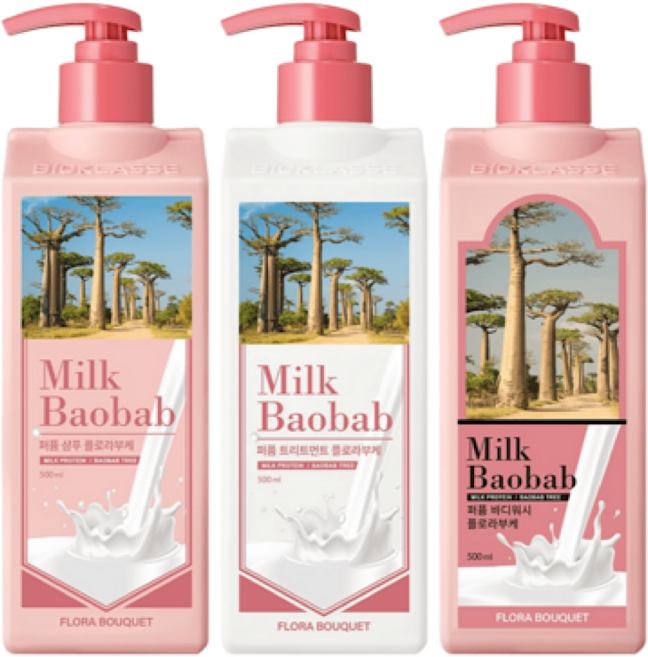 밀크바오밥 퍼퓸 샴푸+트리트먼트+바디워시 플로라부케 500ml 1세트 미산성 우유단백질
