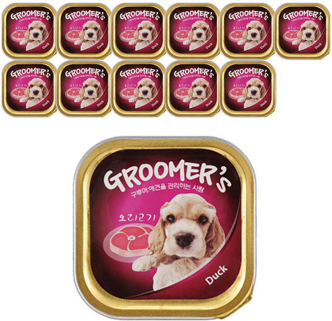 그루머스 강아지 사각캔 풍부한 영양 기호성 좋은 애견 간식, 오리고기, 100g, 12개