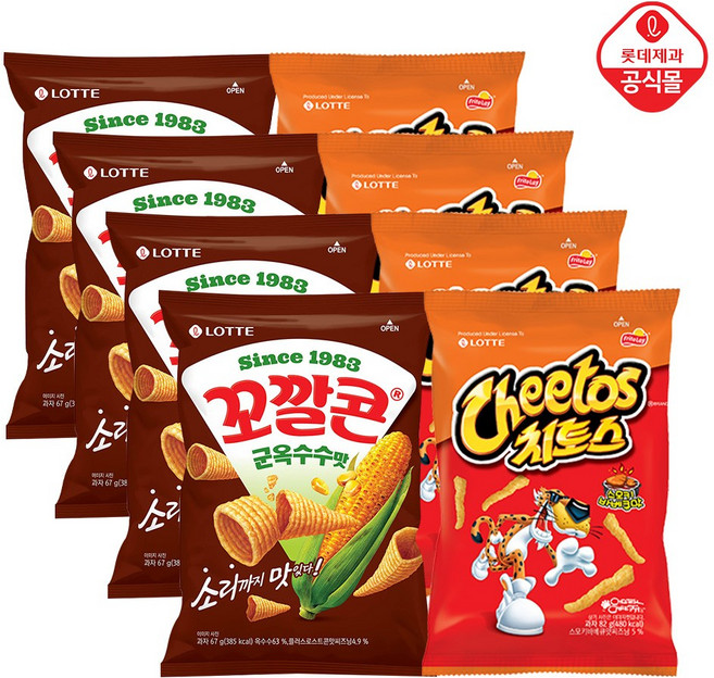 롯데제과 꼬깔콘 군옥수수67gX4개+치토스 스모키바베큐82gX4개, 67g, 8개