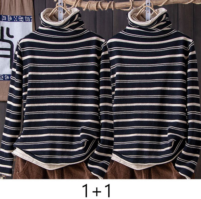 1+1 여자 긴팔 목폴라티 빅사이즈 터틀넥 스트라이프 티셔츠 이너티 봄 가을 여성 반목 긴소매 상의 CJJ