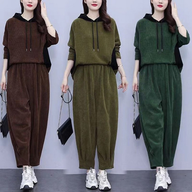 6xl까지 빅사이즈 중년여성용 캐주얼 트레이닝복세트 봄가을 도톰한 코르덴 후드티 맨투맨 와이드 밴딩 팬츠 투피스 군살 커버 날씬해 보이는 엄마 상하복세트