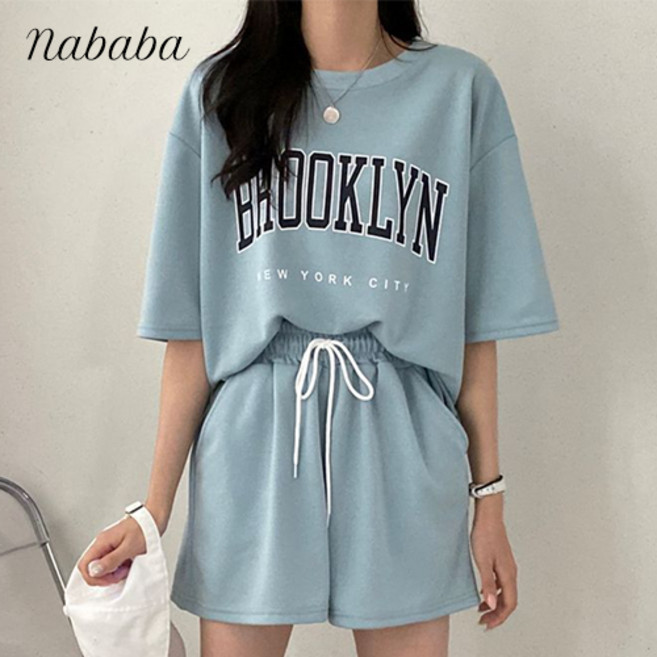 나바바 NT1693 여성 캐주얼 레터링 반팔 반바지 투피스 세트