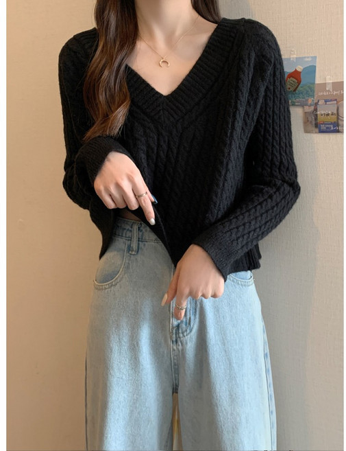 쪼예 데일리 브이넥 세미크롭 꽈배기 니트