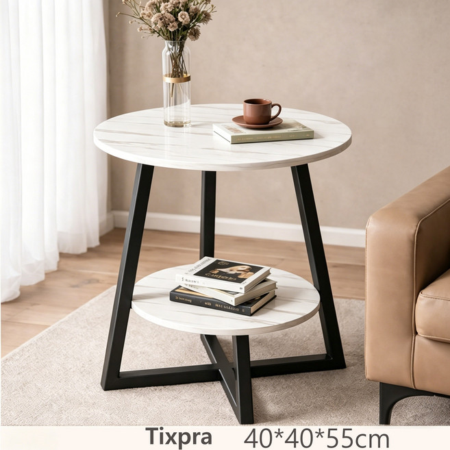 Tixpra 거실 쇼파 사이드 테이블 미니 2단 협탁, 화이트 블랙