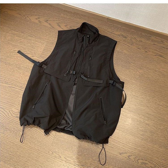 夏季寬鬆多口袋工裝馬甲男戶外露營無袖坎肩外套, 1個, 黑色6XL 建議250-300斤