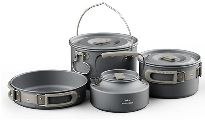 네이처하이크 아웃도어 캠핑 서스펜션 팟 3L + 냄비 1.7L + 프라이팬 22cm + 주전자 0.8L 세트, 블랙, 1세트