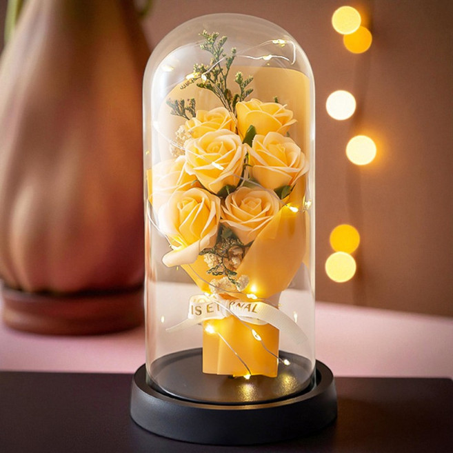 오유핏 LED 유리돔 꽃다발 기념일 선물 스탠드형, 1개, 샴페인 버터 로즈